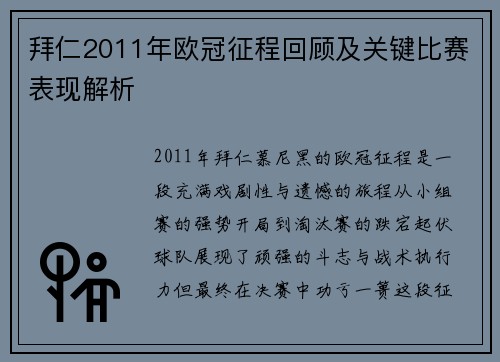 拜仁2011年欧冠征程回顾及关键比赛表现解析