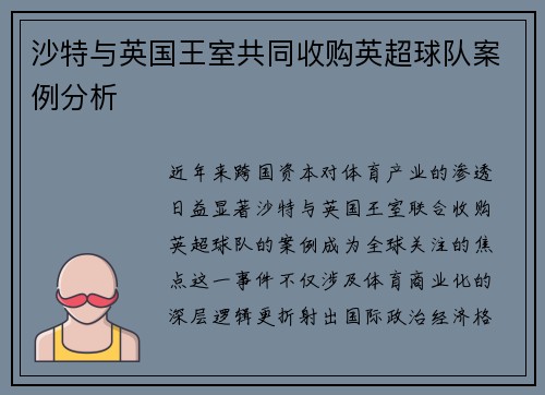 沙特与英国王室共同收购英超球队案例分析