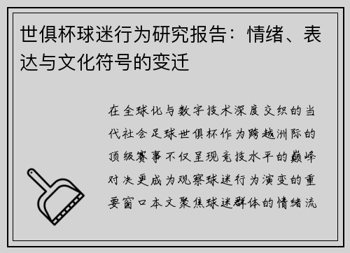 世俱杯球迷行为研究报告：情绪、表达与文化符号的变迁