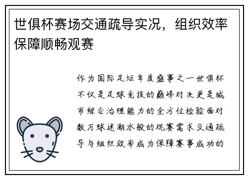 世俱杯赛场交通疏导实况，组织效率保障顺畅观赛