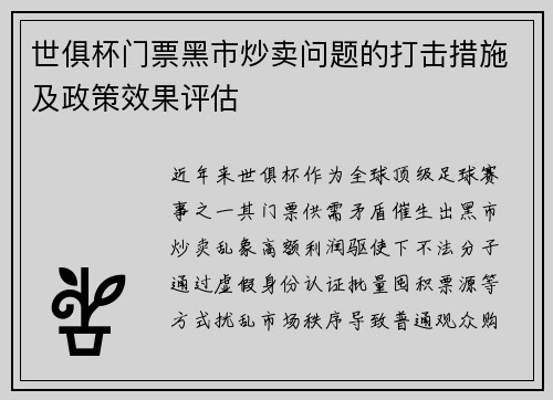 世俱杯门票黑市炒卖问题的打击措施及政策效果评估