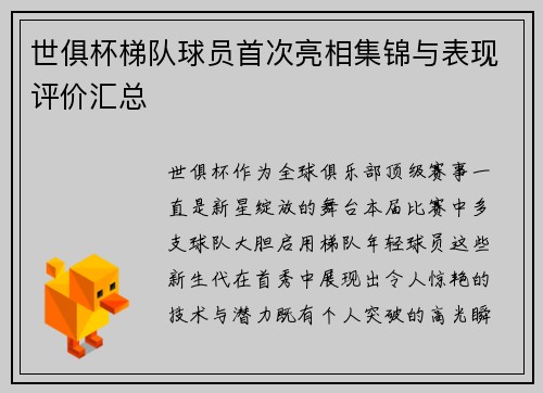 世俱杯梯队球员首次亮相集锦与表现评价汇总