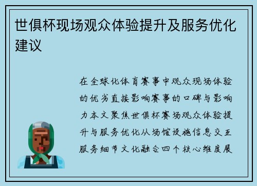 世俱杯现场观众体验提升及服务优化建议